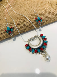 Thumbnail for 925 Coral Turquoise Stone Pendant Set