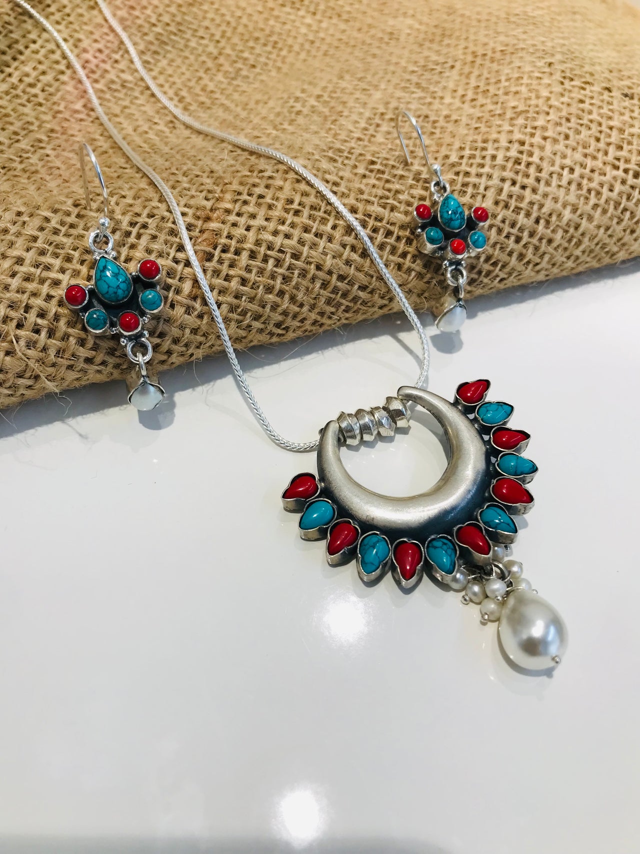 925 Coral Turquoise Stone Pendant Set