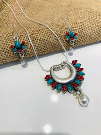 Thumbnail for 925 Coral Turquoise Stone Pendant Set