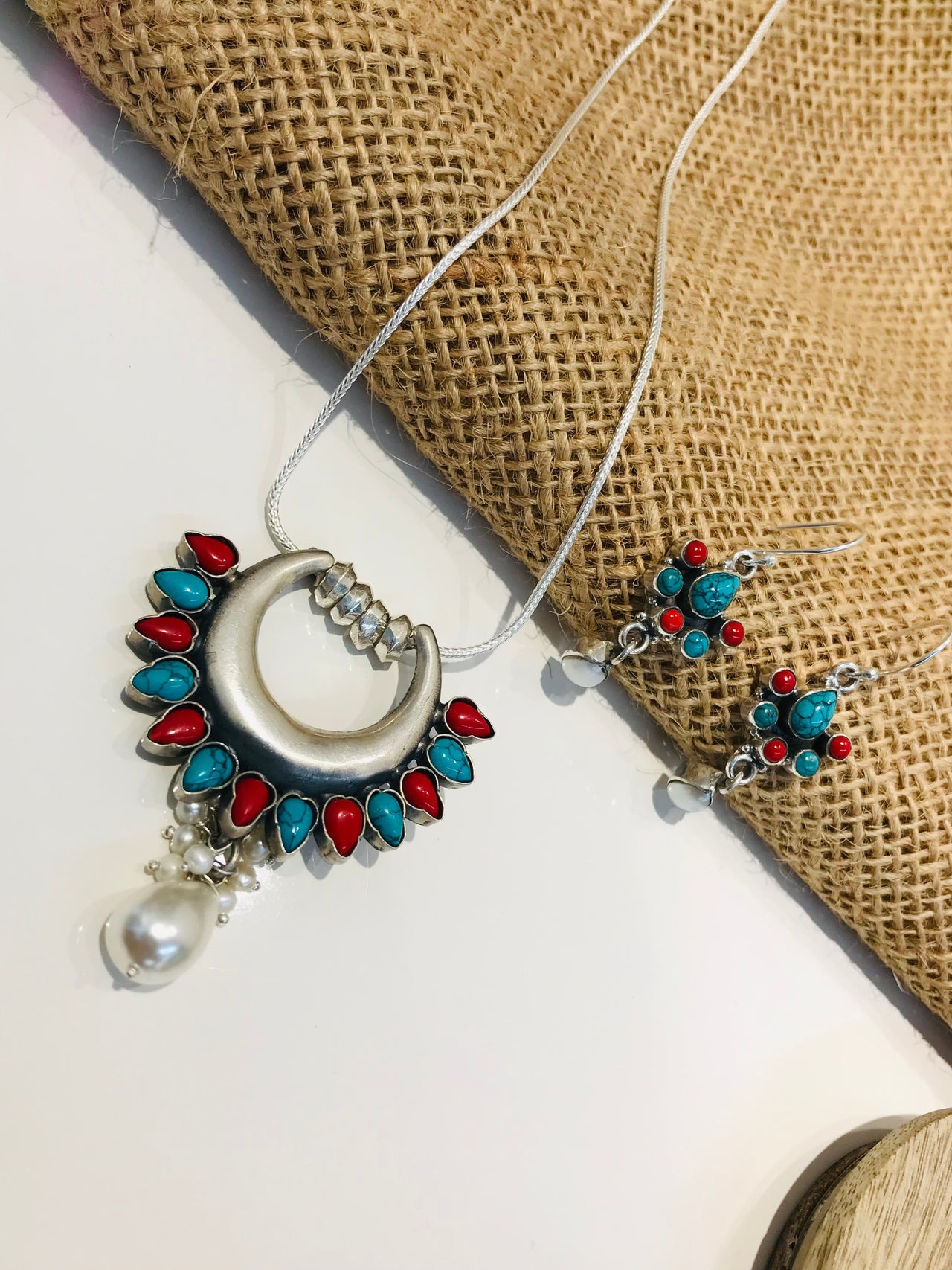 925 Coral Turquoise Stone Pendant Set