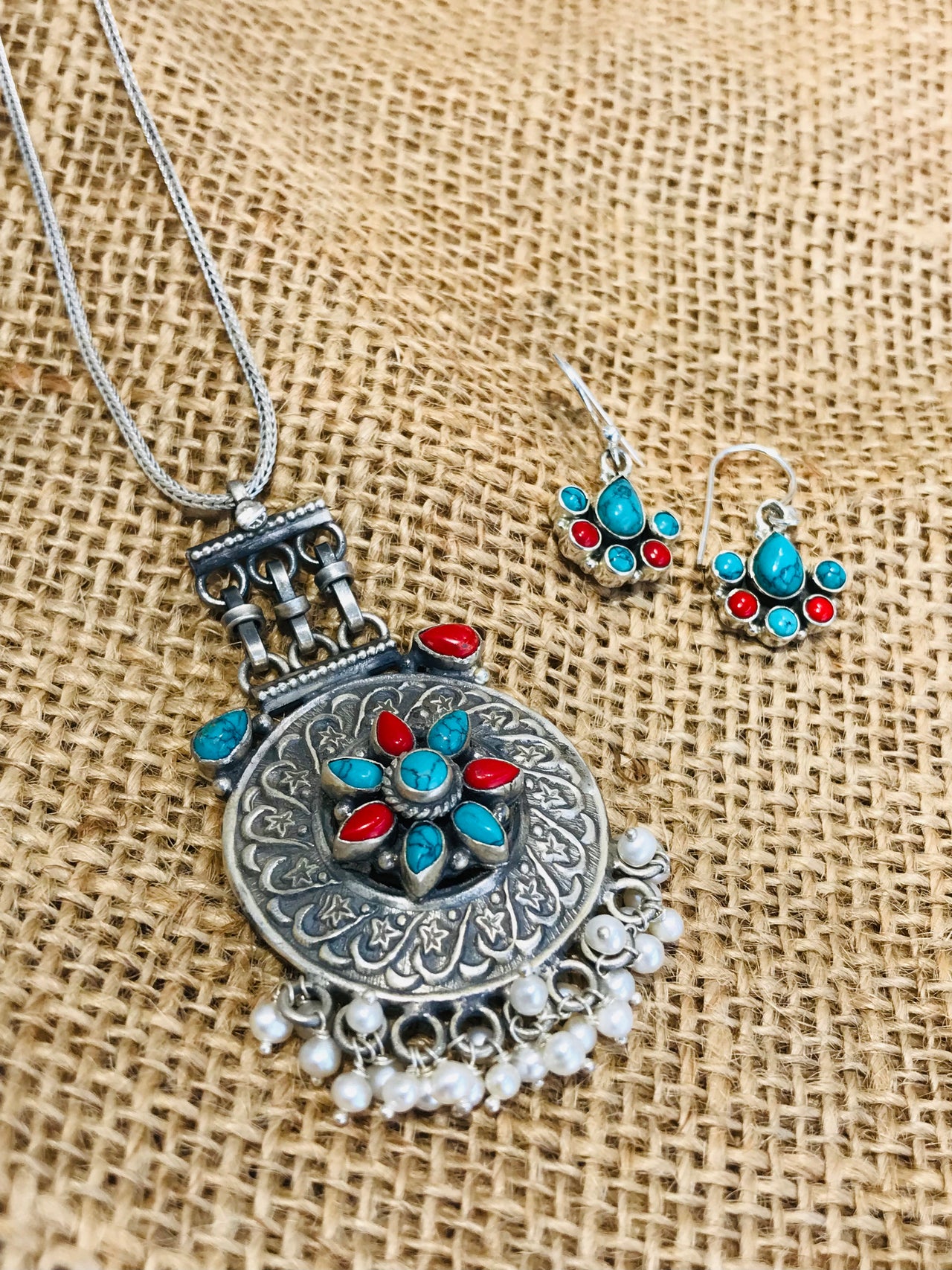 Ethnic Tibetan Silver Pendant Set