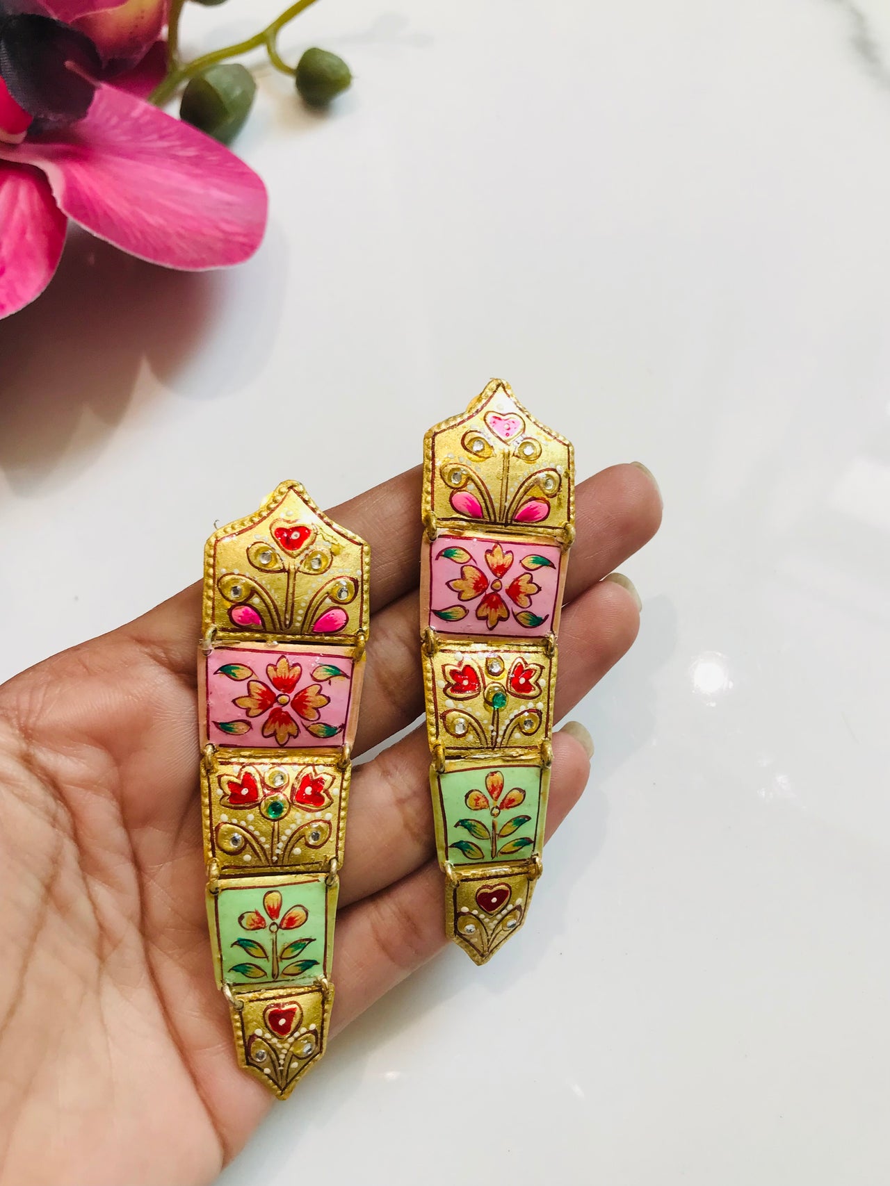 Tanjore Flower Art Earrings