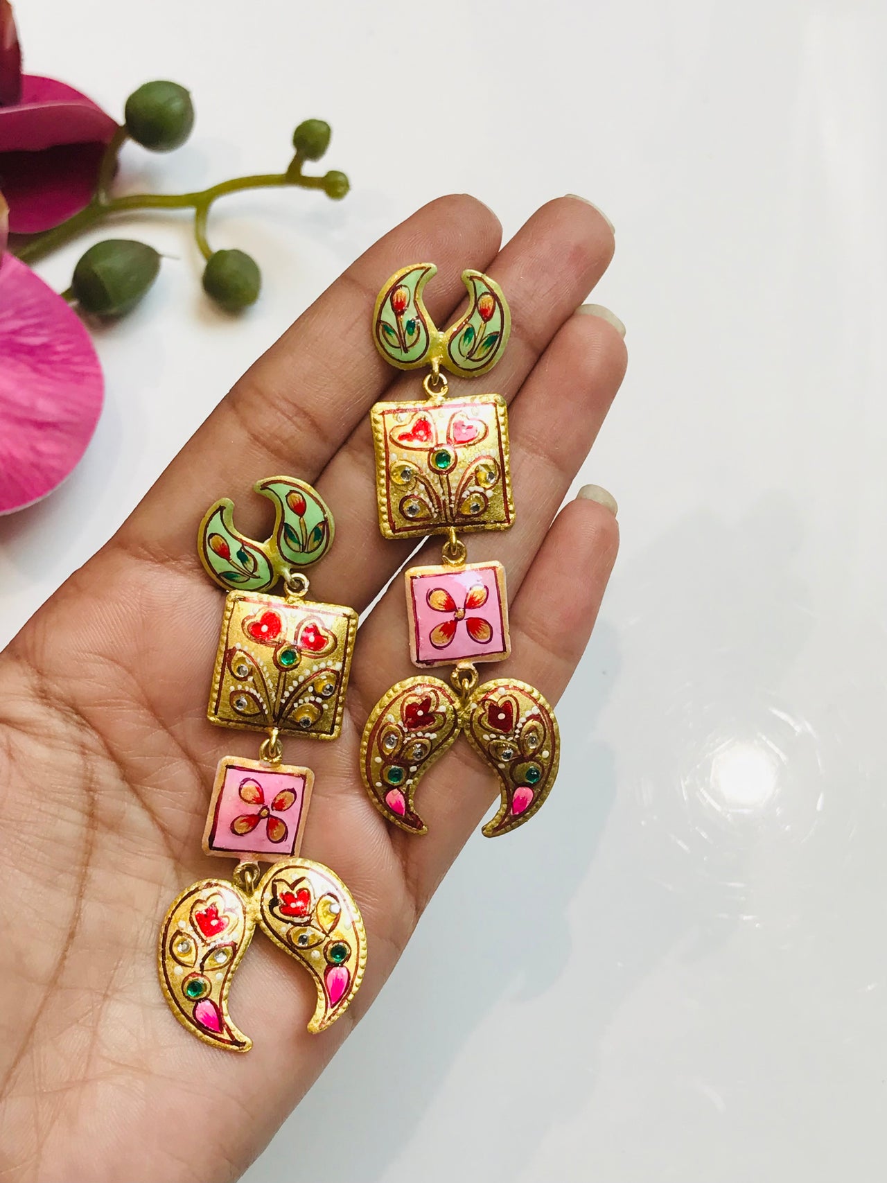 Floral Long Tanjore Earrings