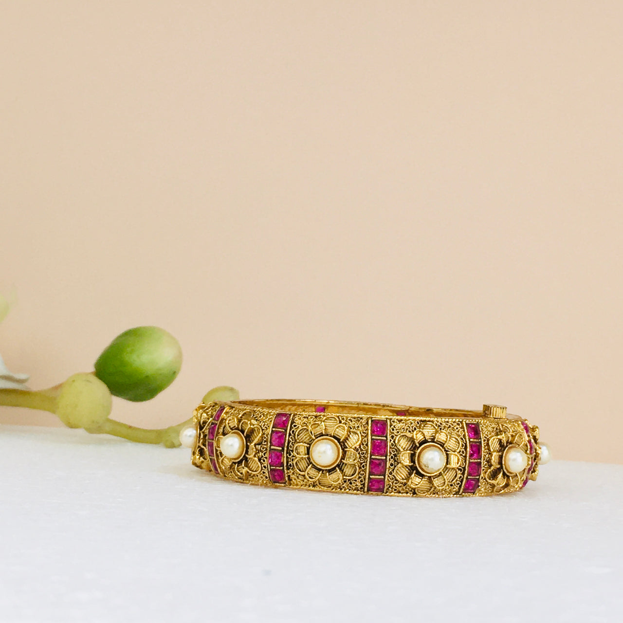 Gold Pearl Flower kada Bangle Zayn Luxury Jewellery