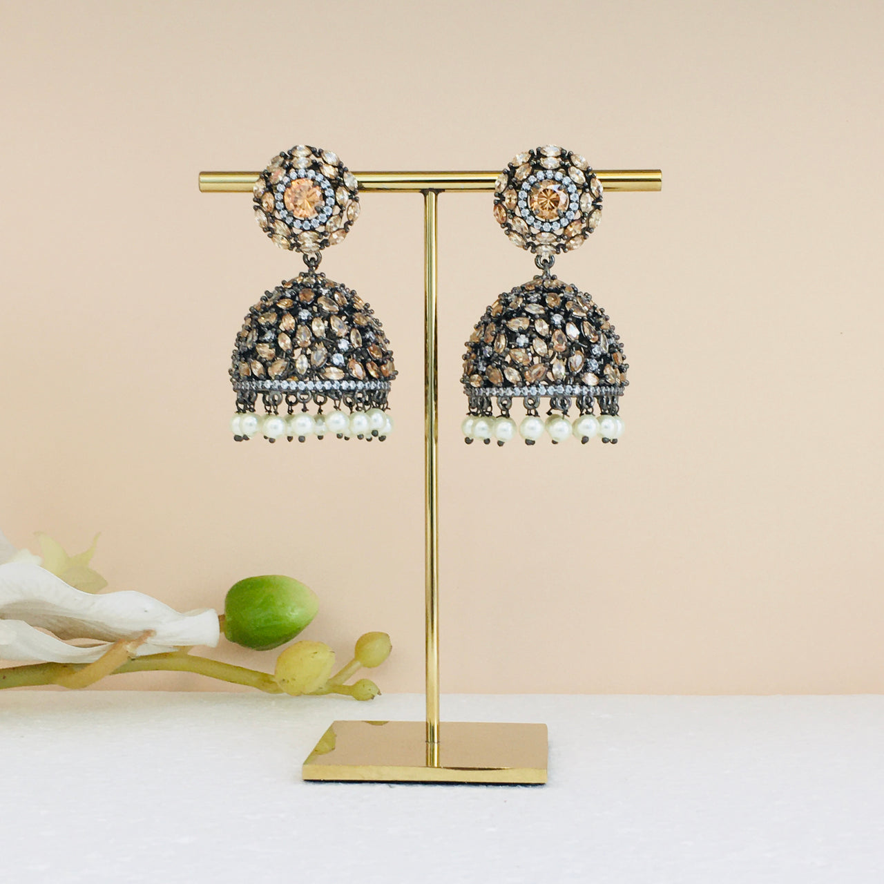 Bronze Pearl Hanging Jhumki Earrings Zayn Luxury Jewellery