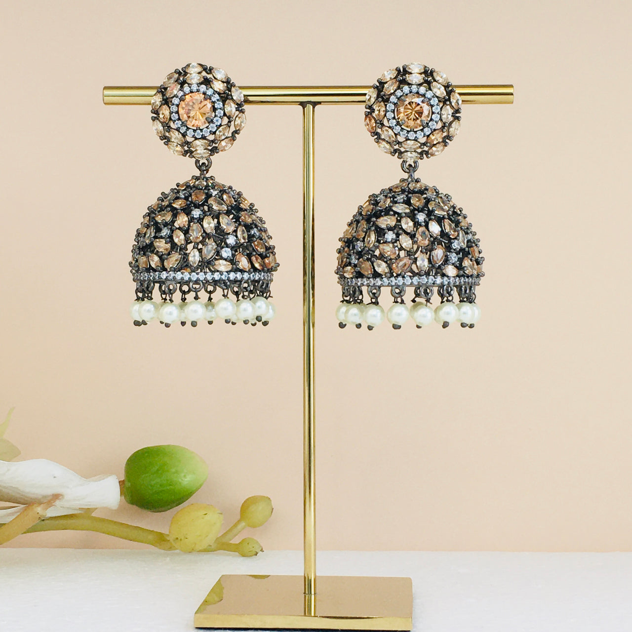 Bronze Pearl Hanging Jhumki Earrings Zayn Luxury Jewellery