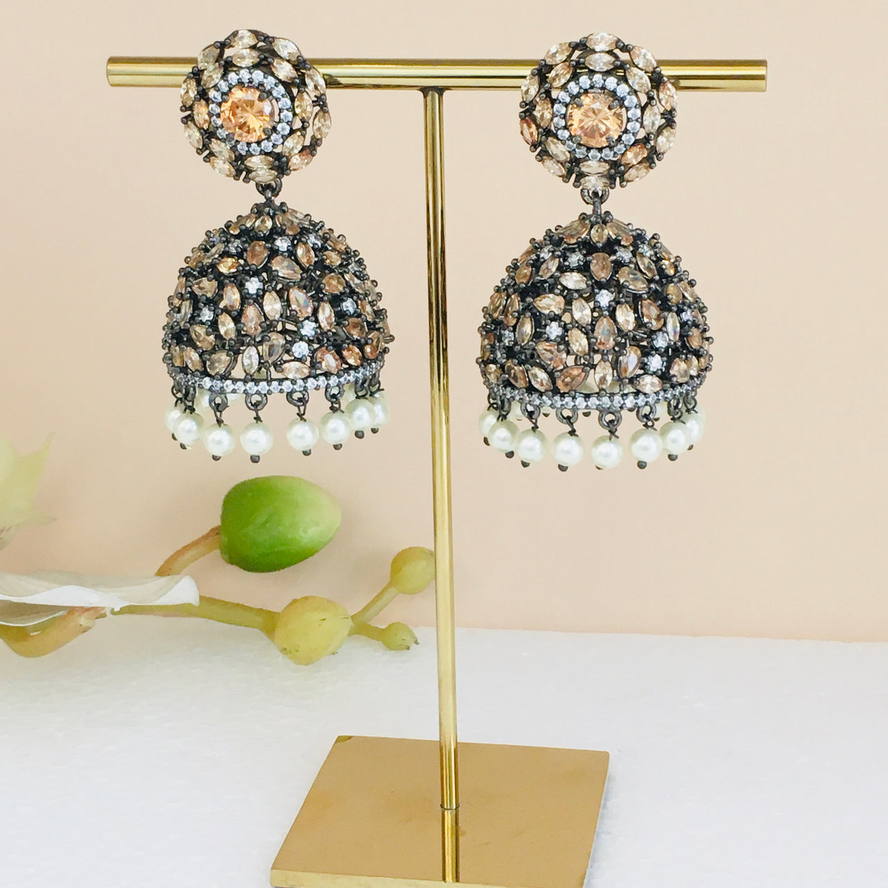 Bronze Pearl Hanging Jhumki Earrings Zayn Luxury Jewellery
