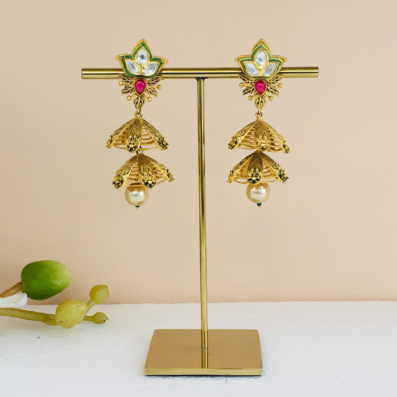 Gold Kundan Jhumki Earrings Zayn Luxury Jewellery