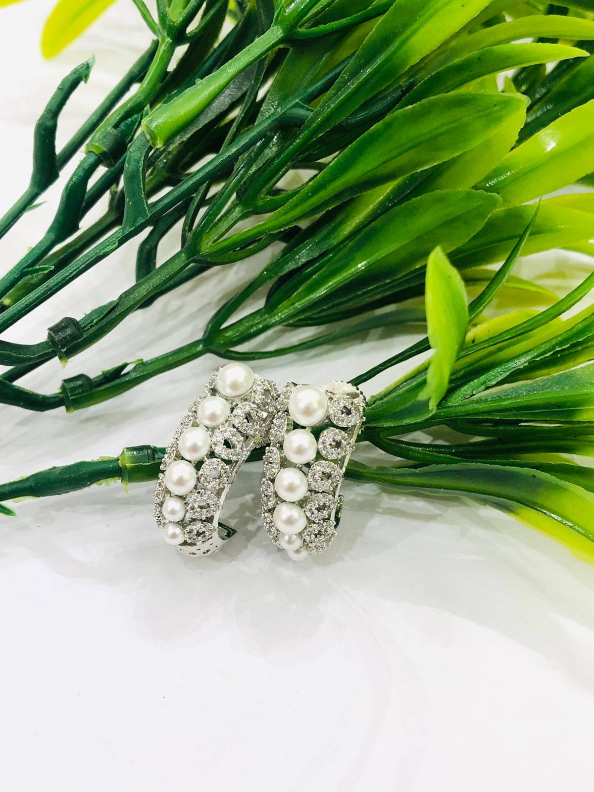 Pearl Hoop Diamond Earrings