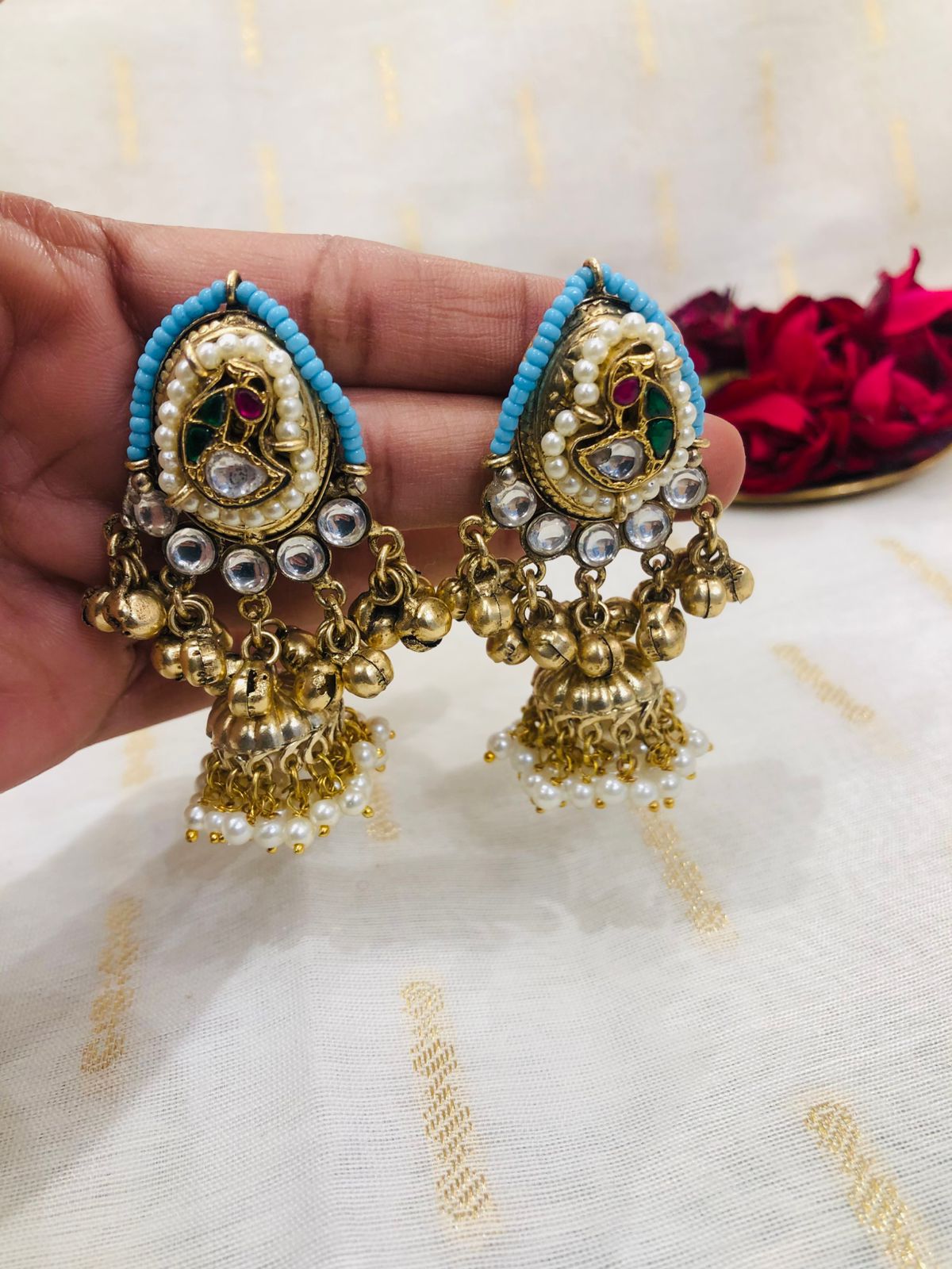 Blue Beads Jhumki Earrings