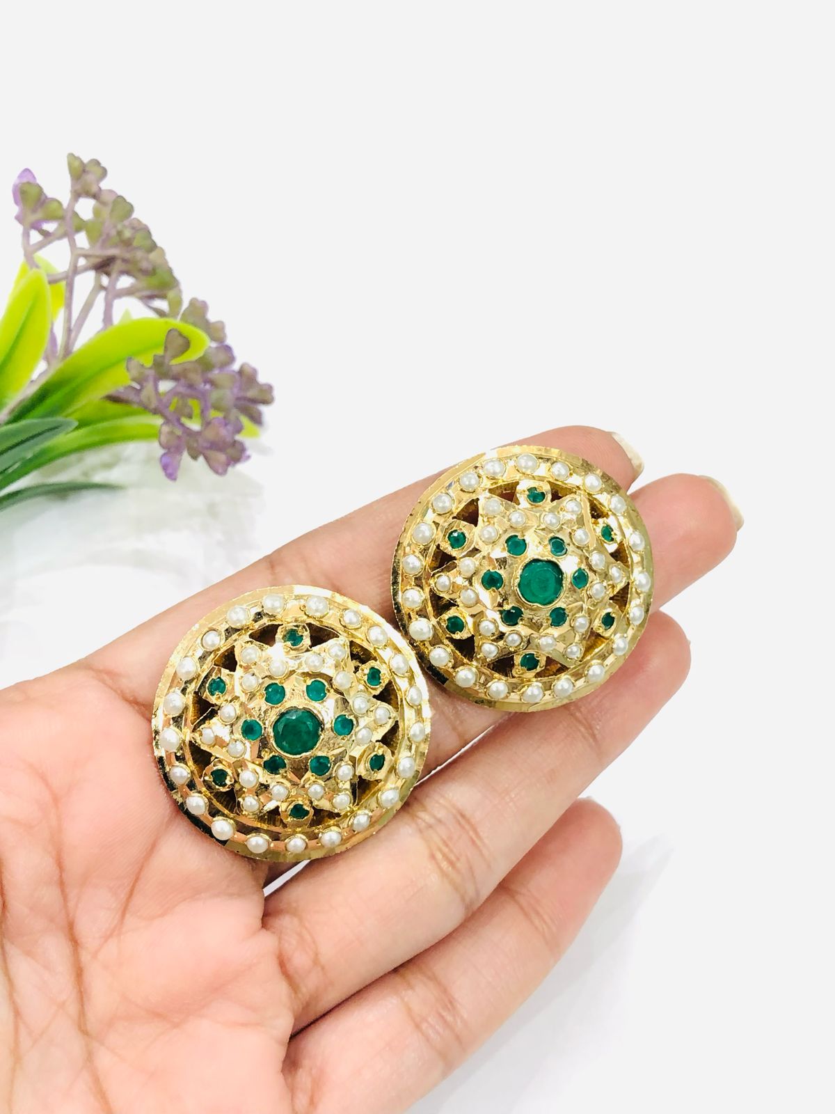 Green Jadau Stud Earrings