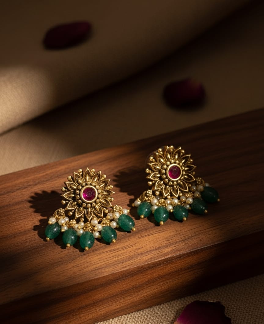 Green Beads Flower Earrings