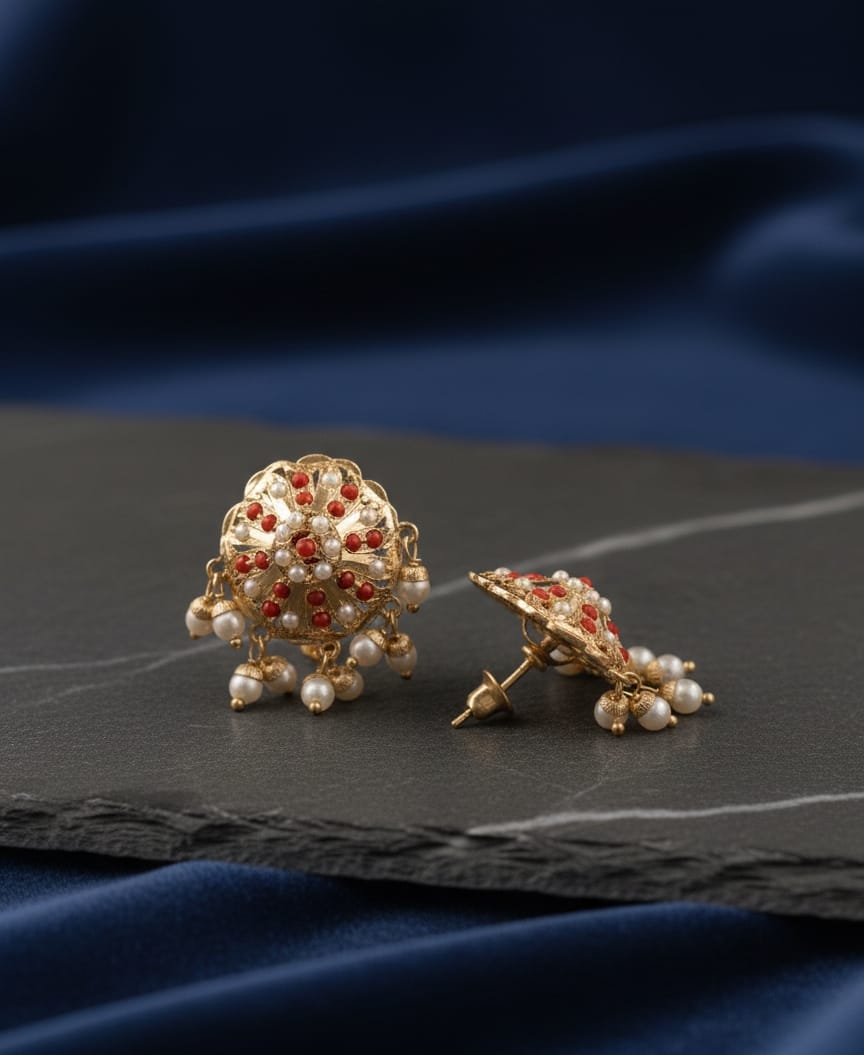 Coral Jadau Pearl Earrings
