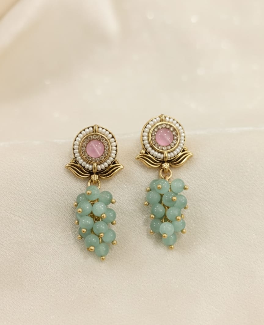 Pink Stone Green Beads Earrings