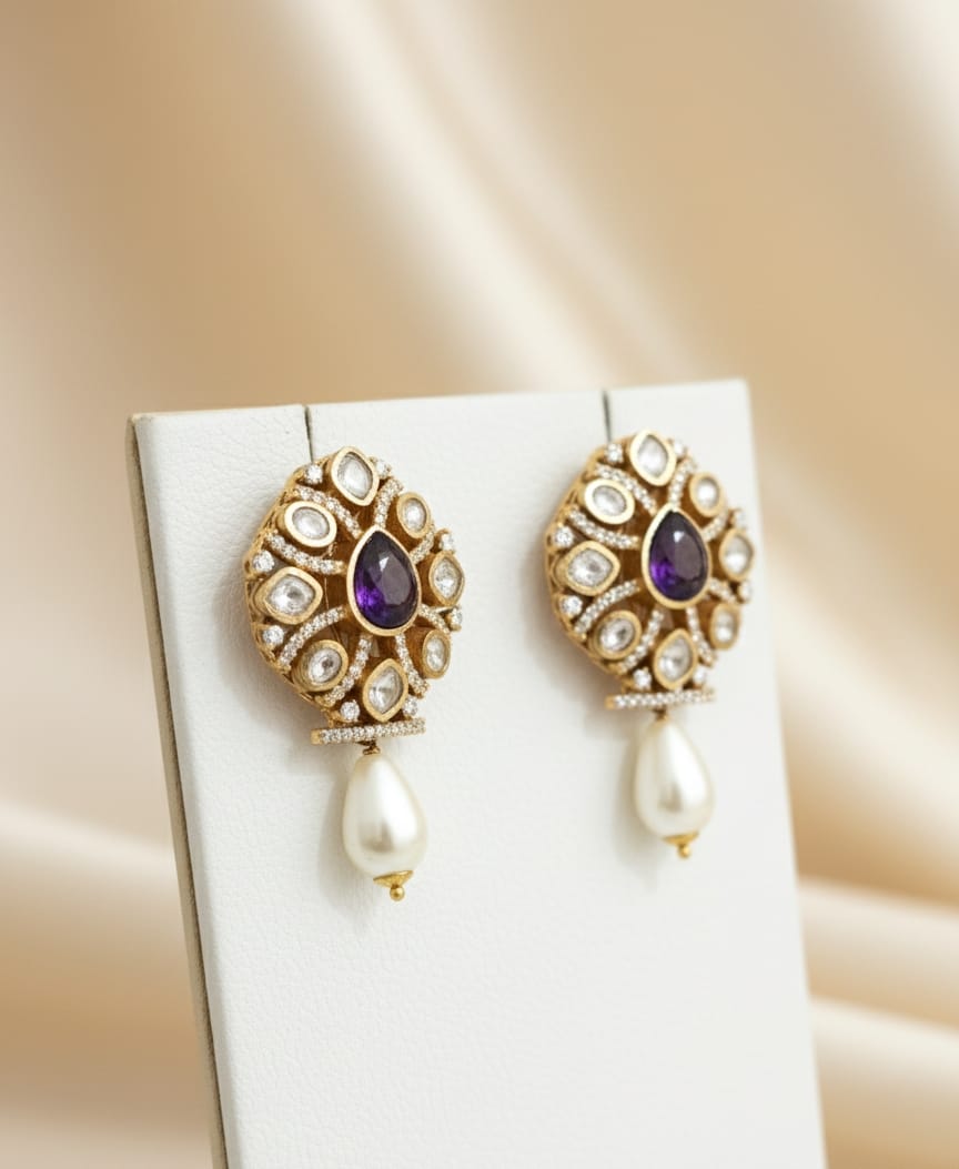 Purple Drop Kundan Earrings