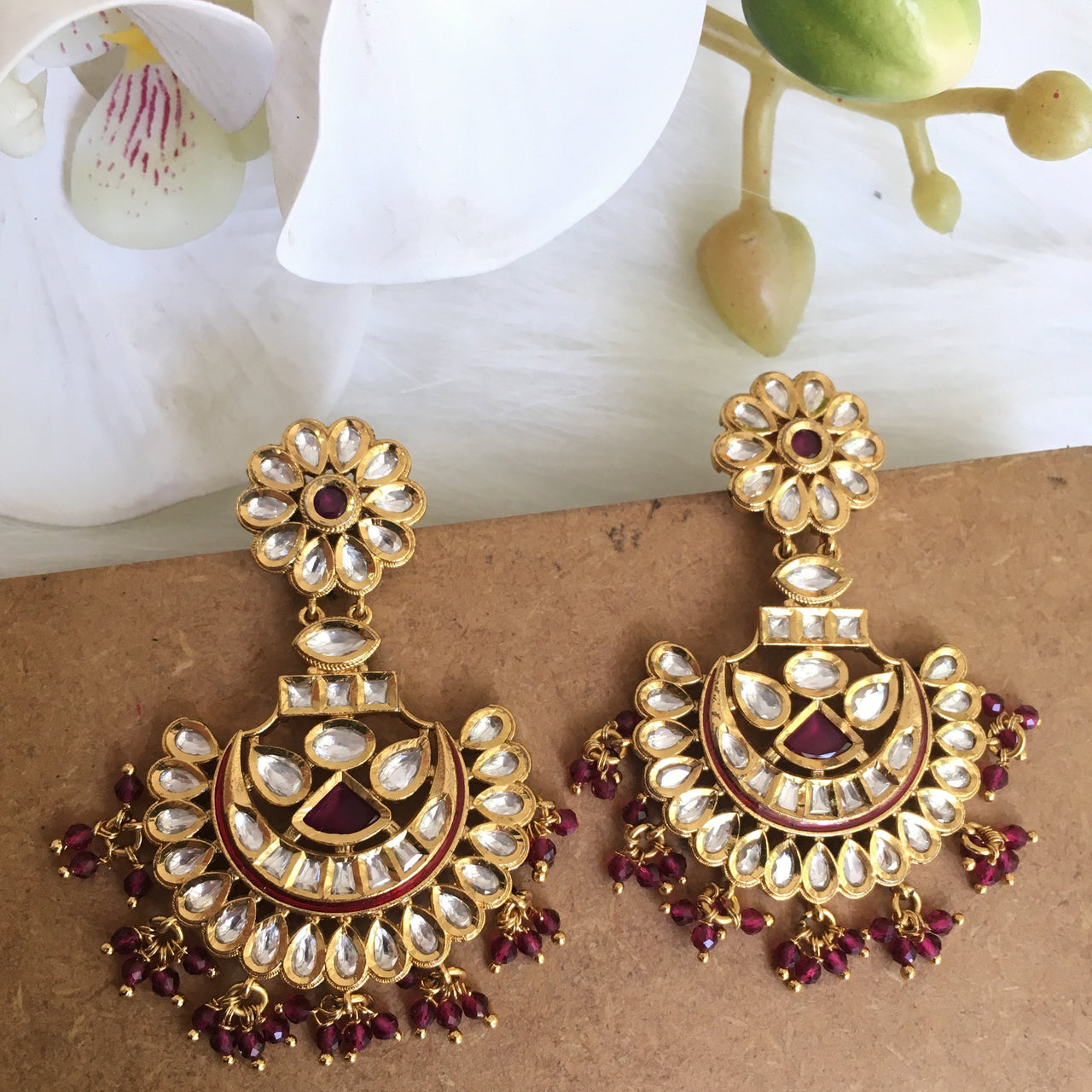 Kundan Ruby Pearl Chandbali Earrings Zayn Luxury Jewellery