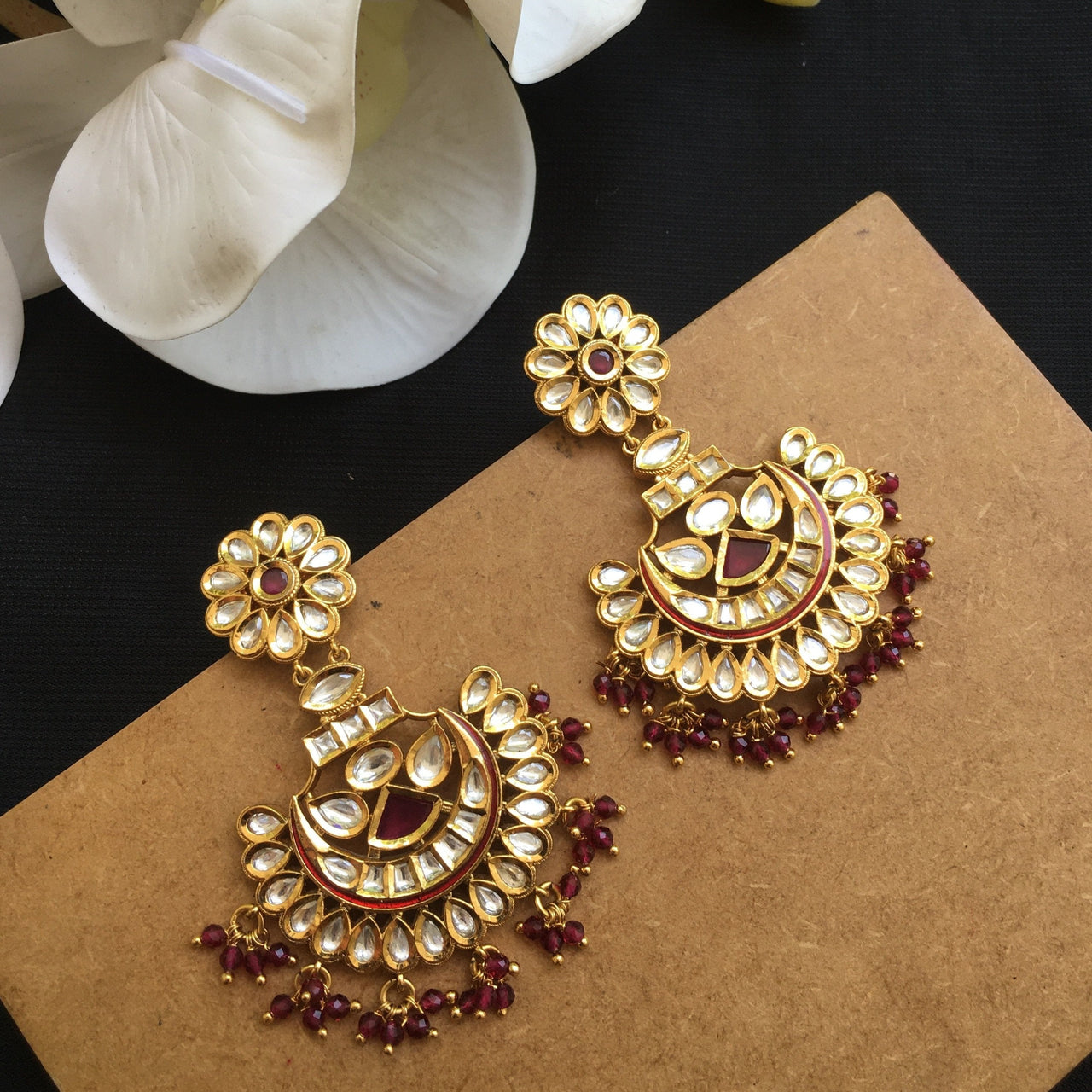 Kundan Ruby Pearl Chandbali Earrings Zayn Luxury Jewellery