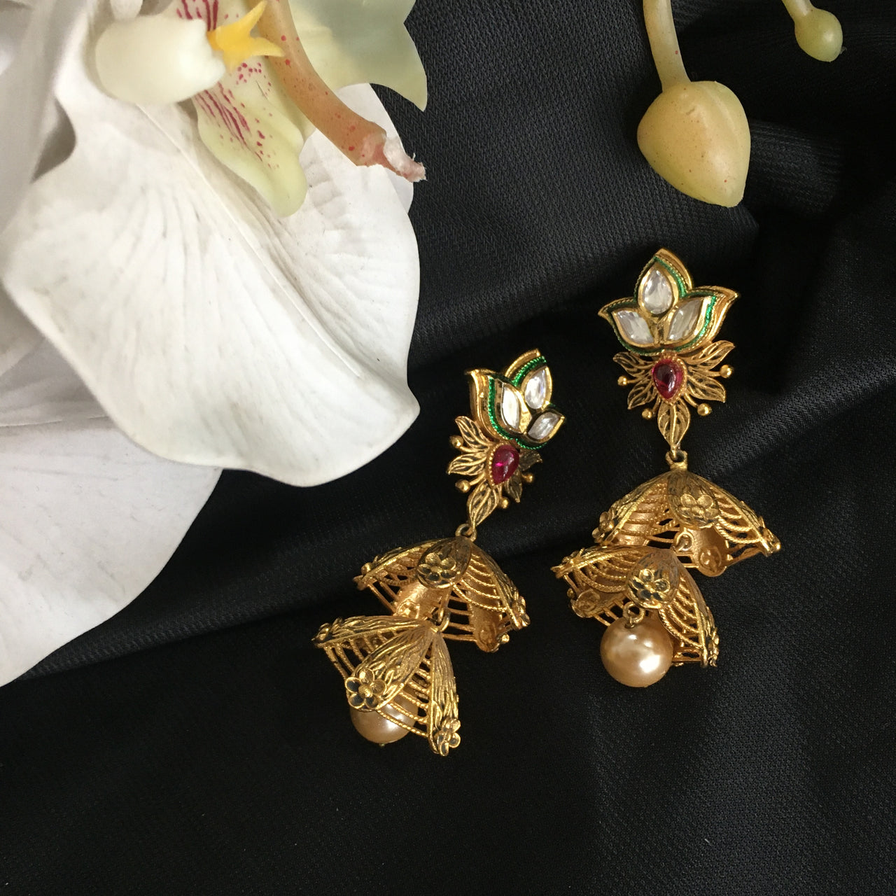 Gold Kundan Jhumki Earrings Zayn Luxury Jewellery