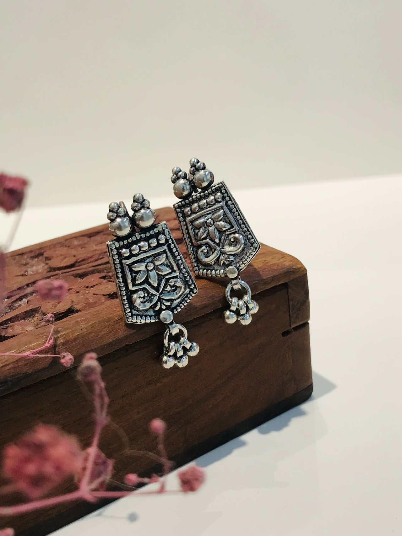 925 Silver Flower Oxidised Earrings