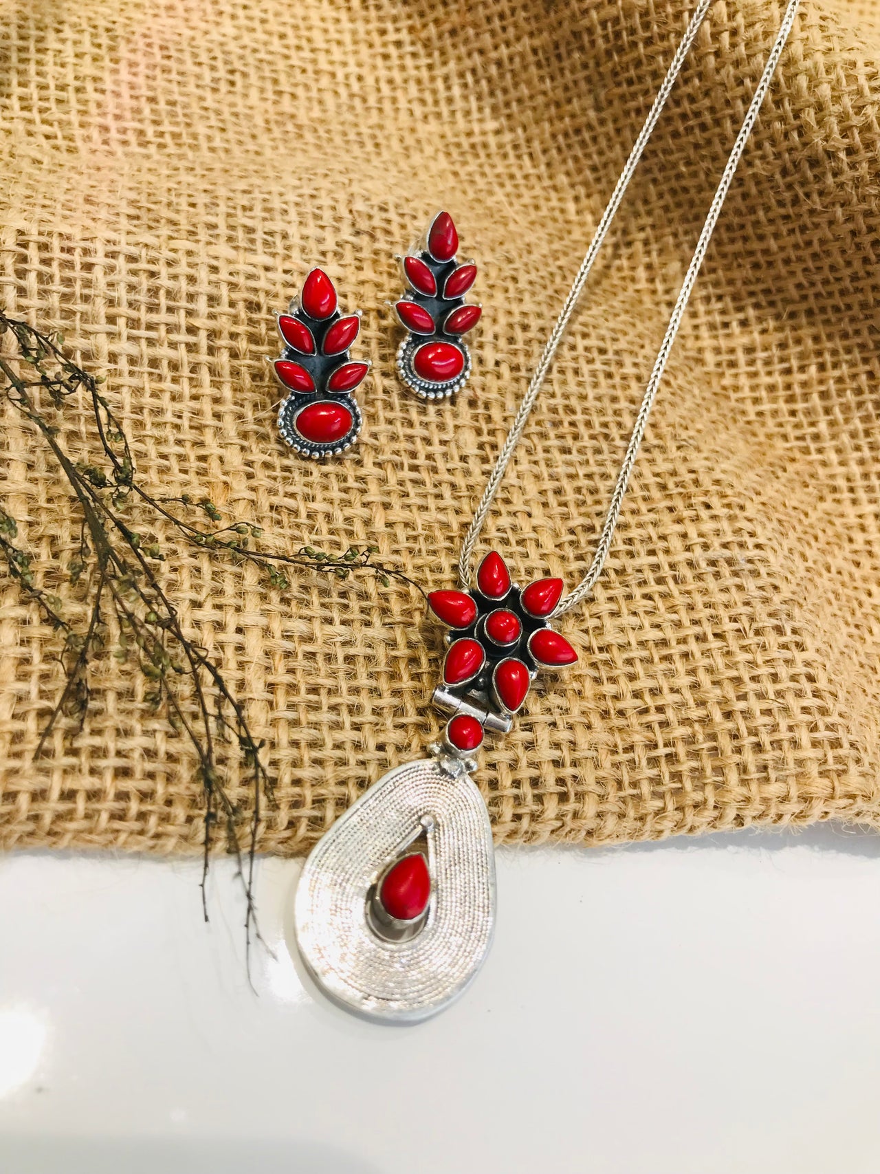 925 Silver Coral Pendant Set