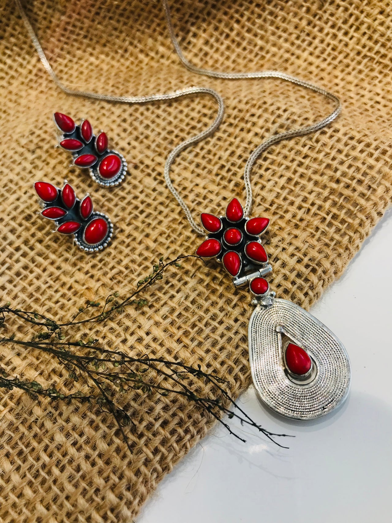 925 Silver Coral Pendant Set