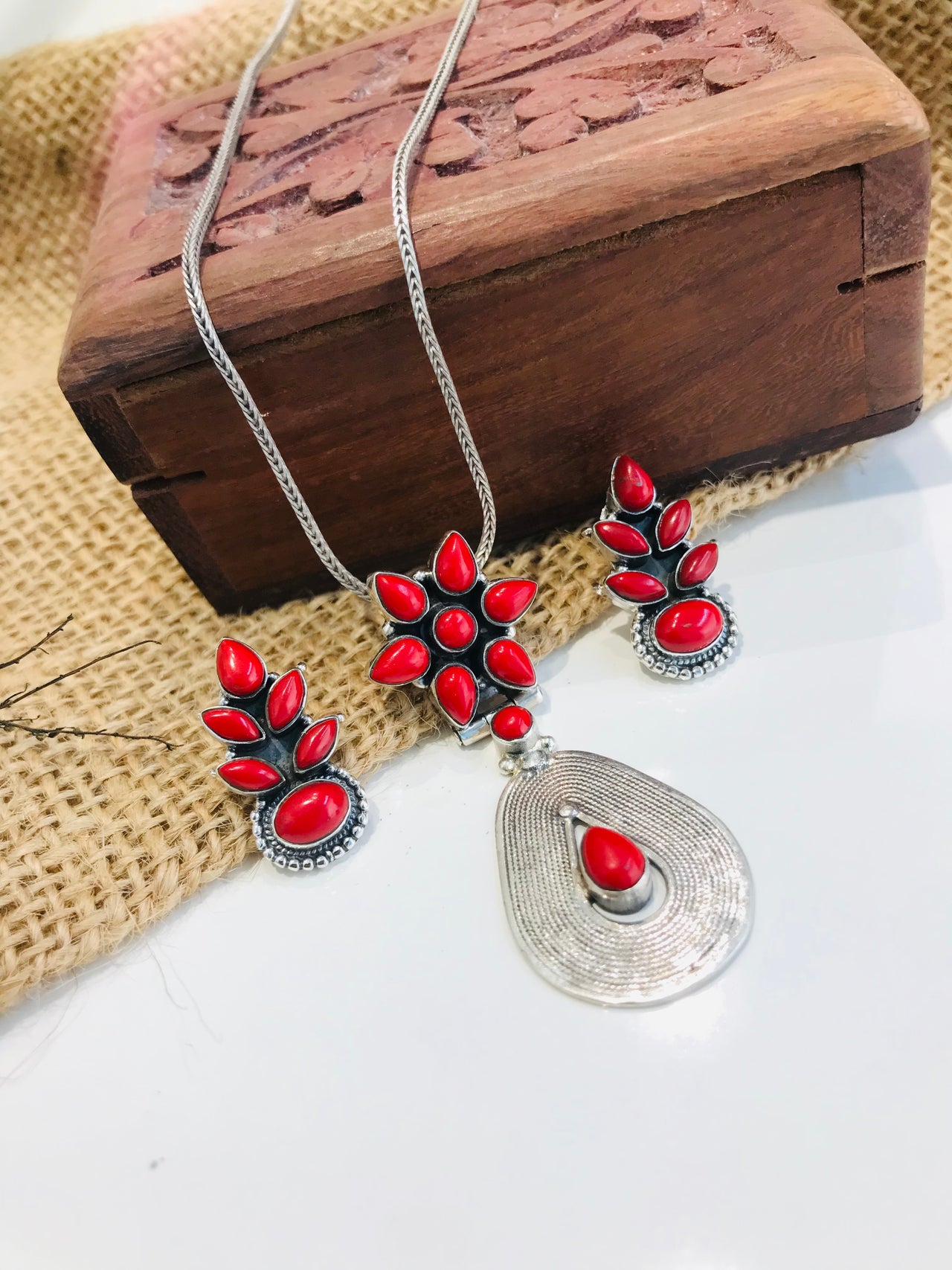 925 Silver Coral Pendant Set