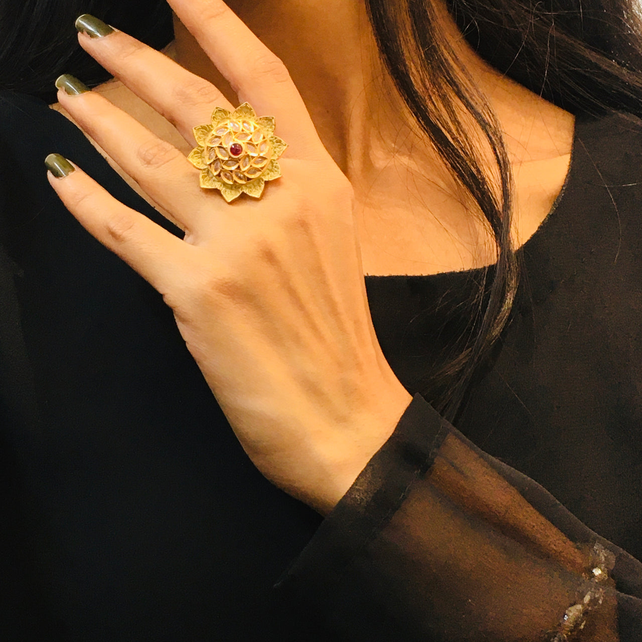 Yellow Meenakari Kundan Ring