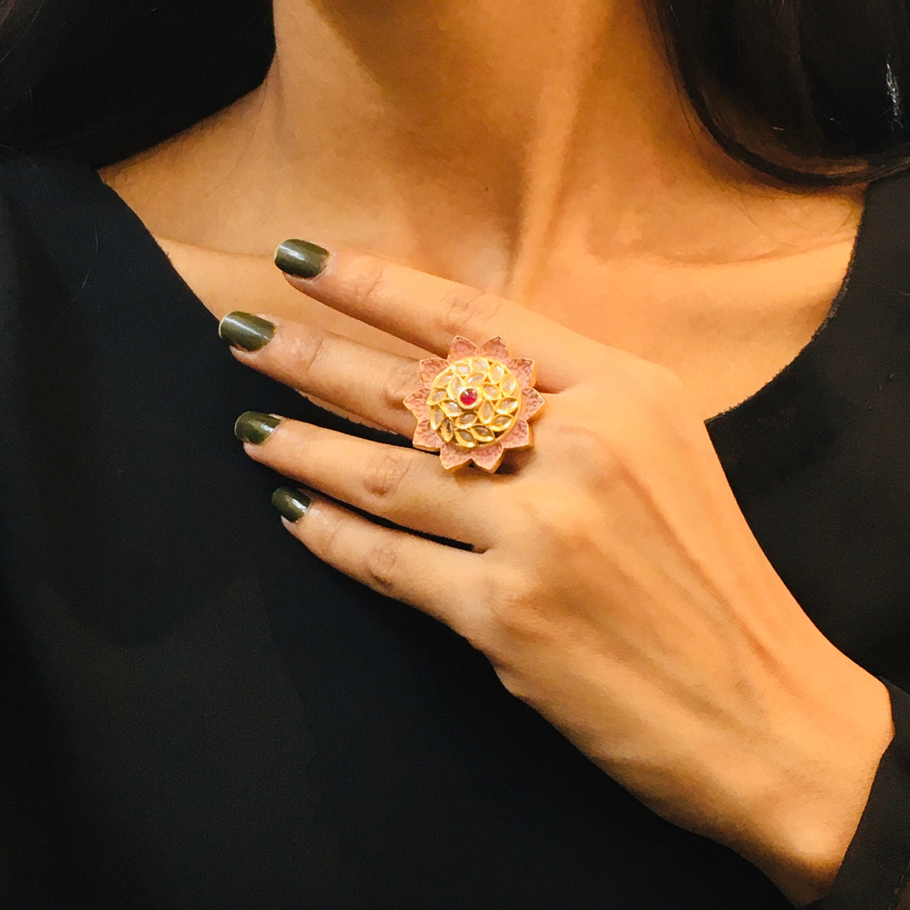 Pink Meenakari Kundan Ring