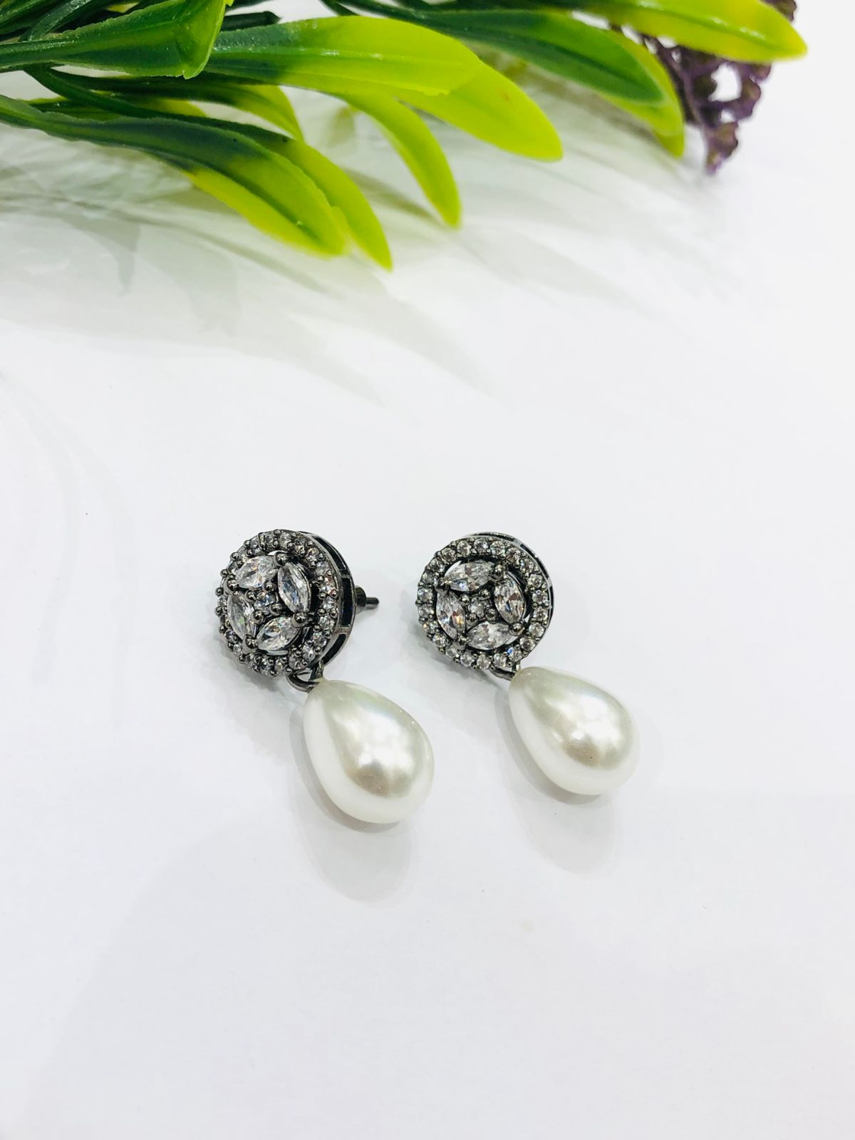 Pearl Diamond Oxidised Earrings