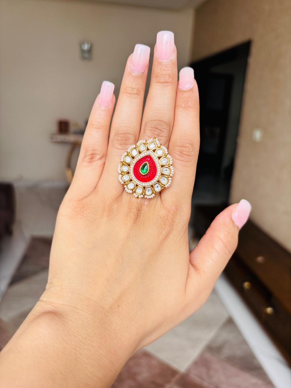Kundan Pearl Red Ring
