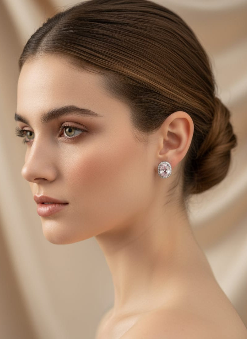 925 Silver Pink Oval Earrings