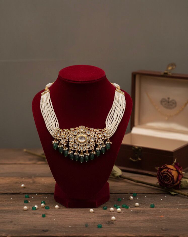 Rajwadi Mint Kundan Necklace Set