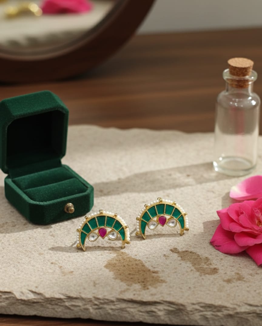 Green Kundan Chand Earrings