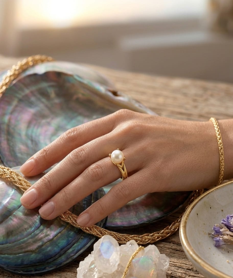 925 Silver Golden Pearl Ring