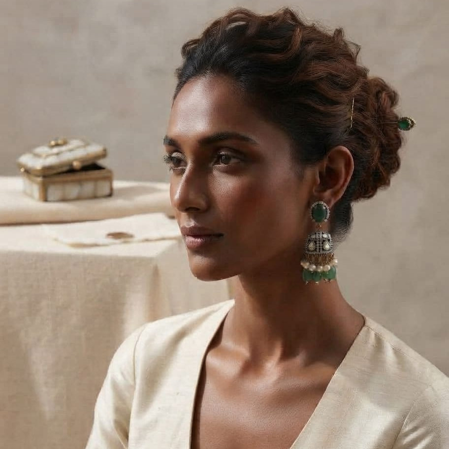 Green Kundan Jhumki Earrings