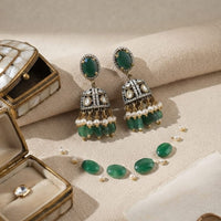 Thumbnail for Green Kundan Jhumki Earrings