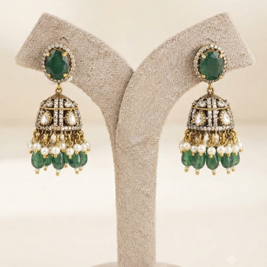 Green Kundan Jhumki Earrings