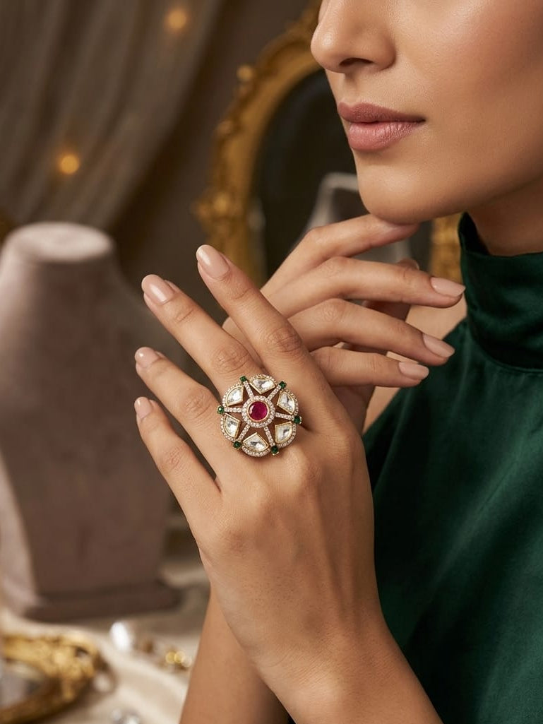 Emerald Polki Ring