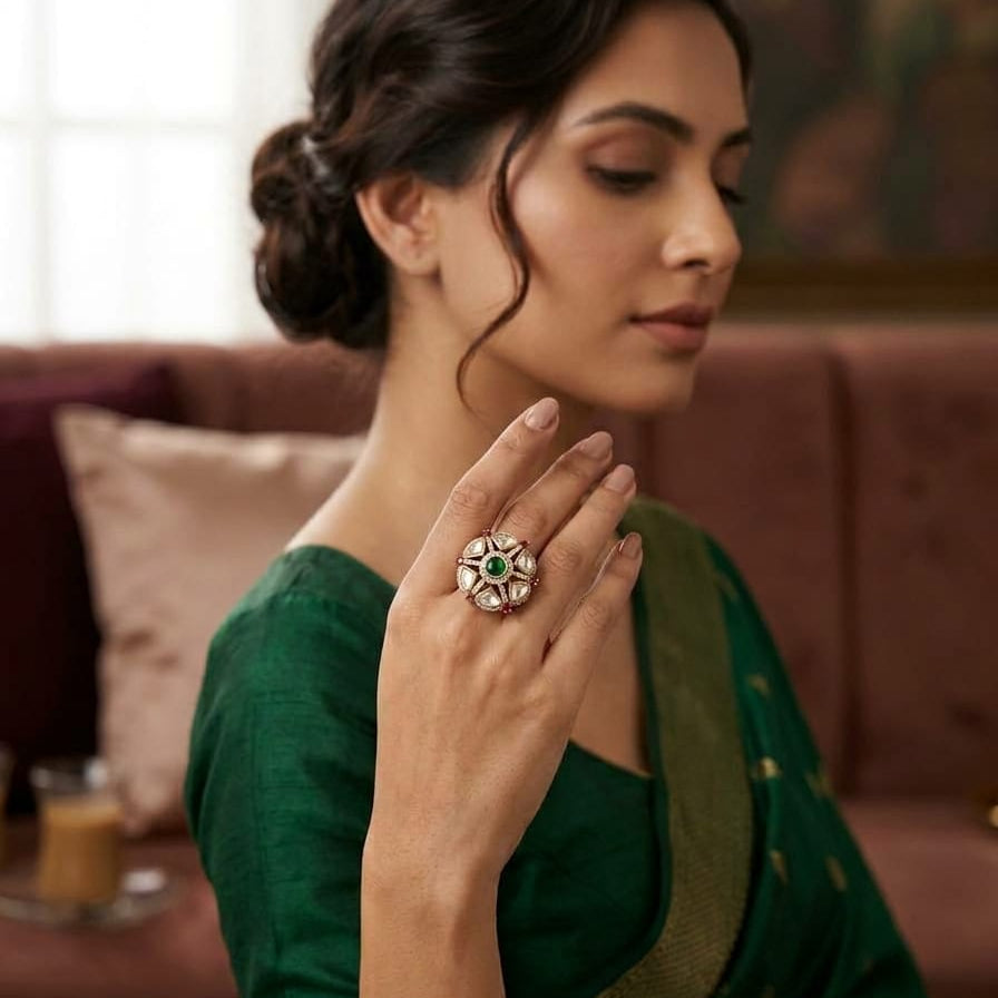 Emerald Polki Ring