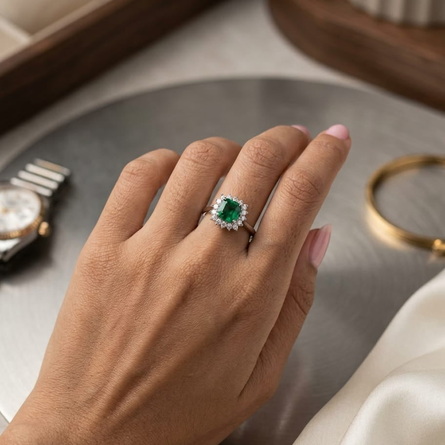 925 Silver Emerald Square Ring