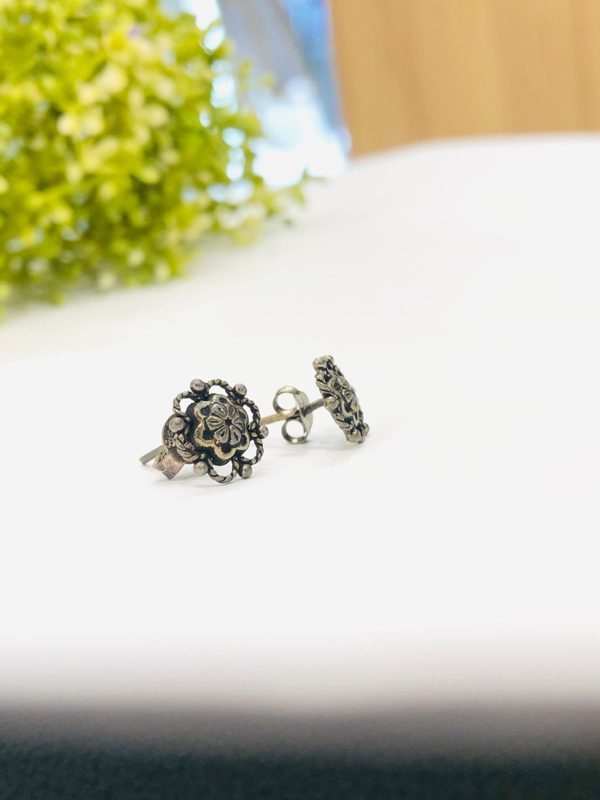 925 Silver Flower Oxidised Earrings