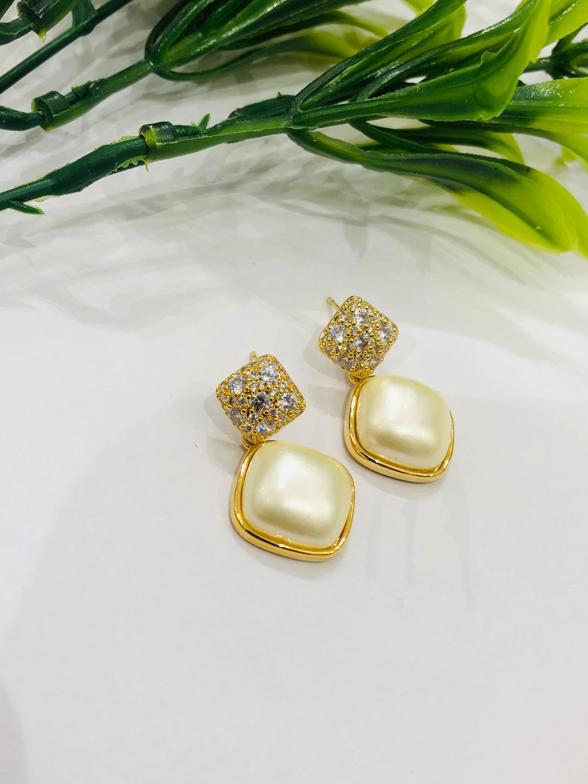 Golden Diagonal Pearl Earrings