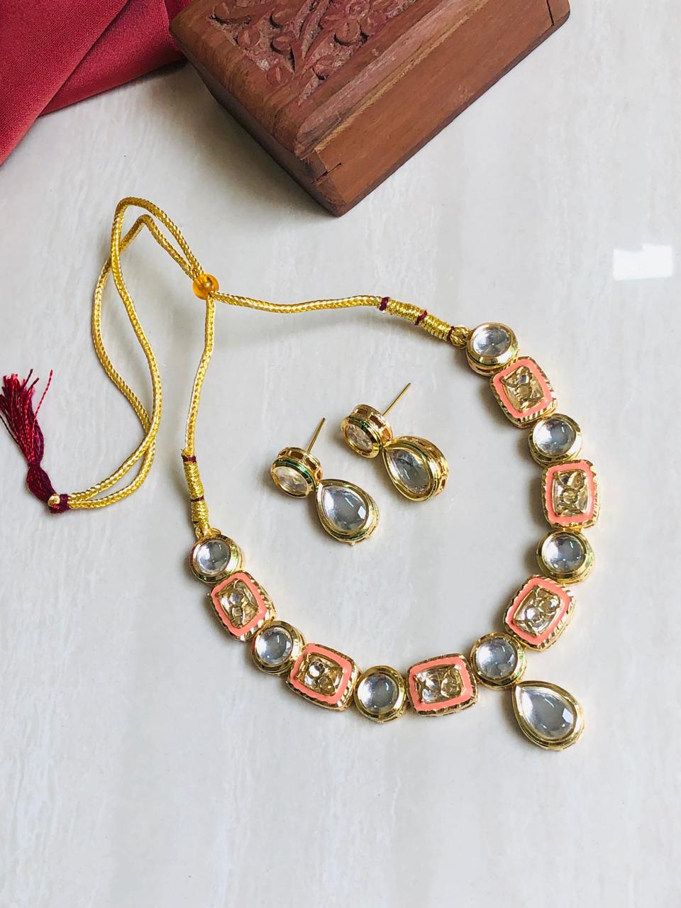 Orange Polki Necklace Set