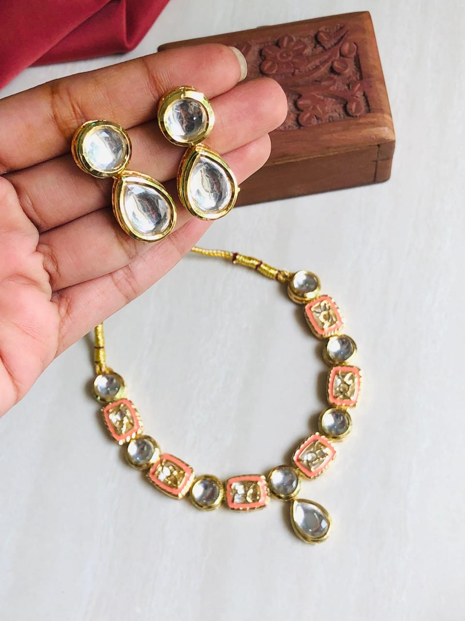 Orange Polki Necklace Set