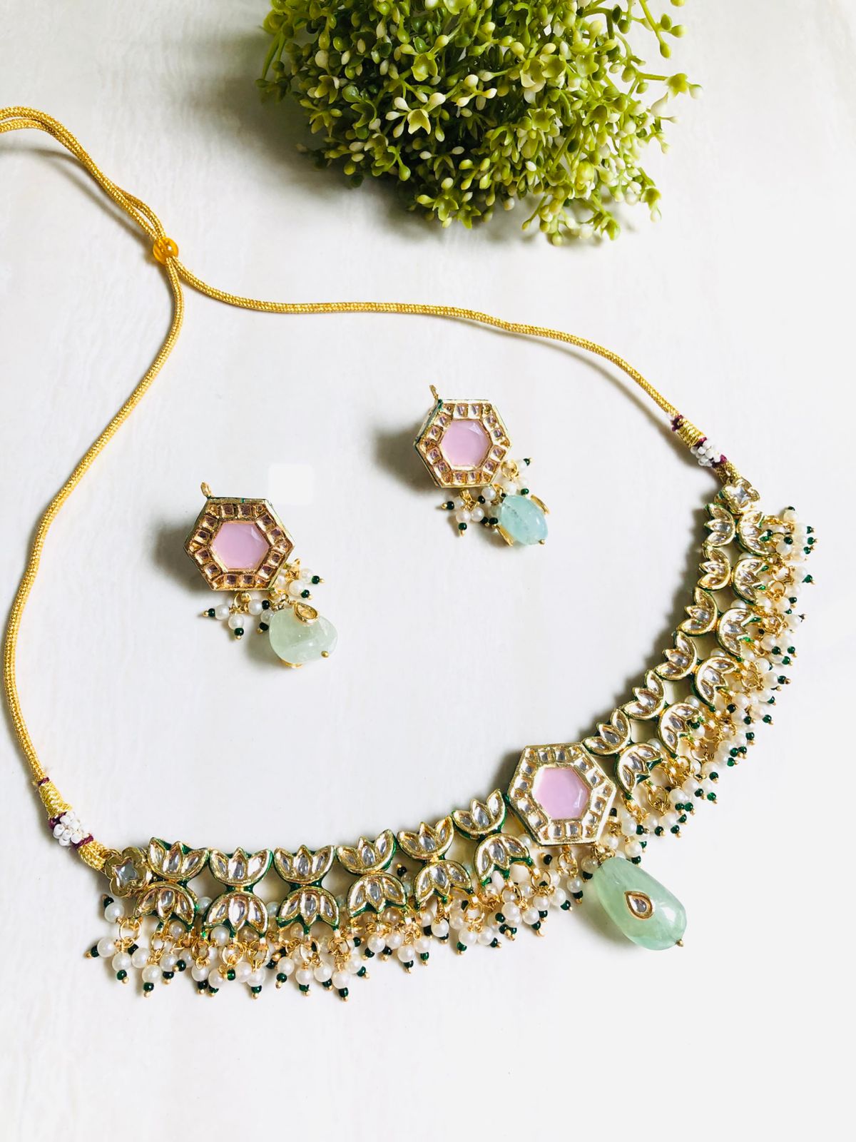 Pink Mint Kundan Necklace Set