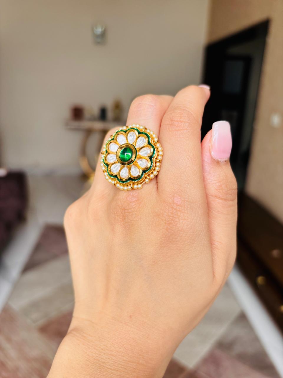 Polki Pearl Green Ring