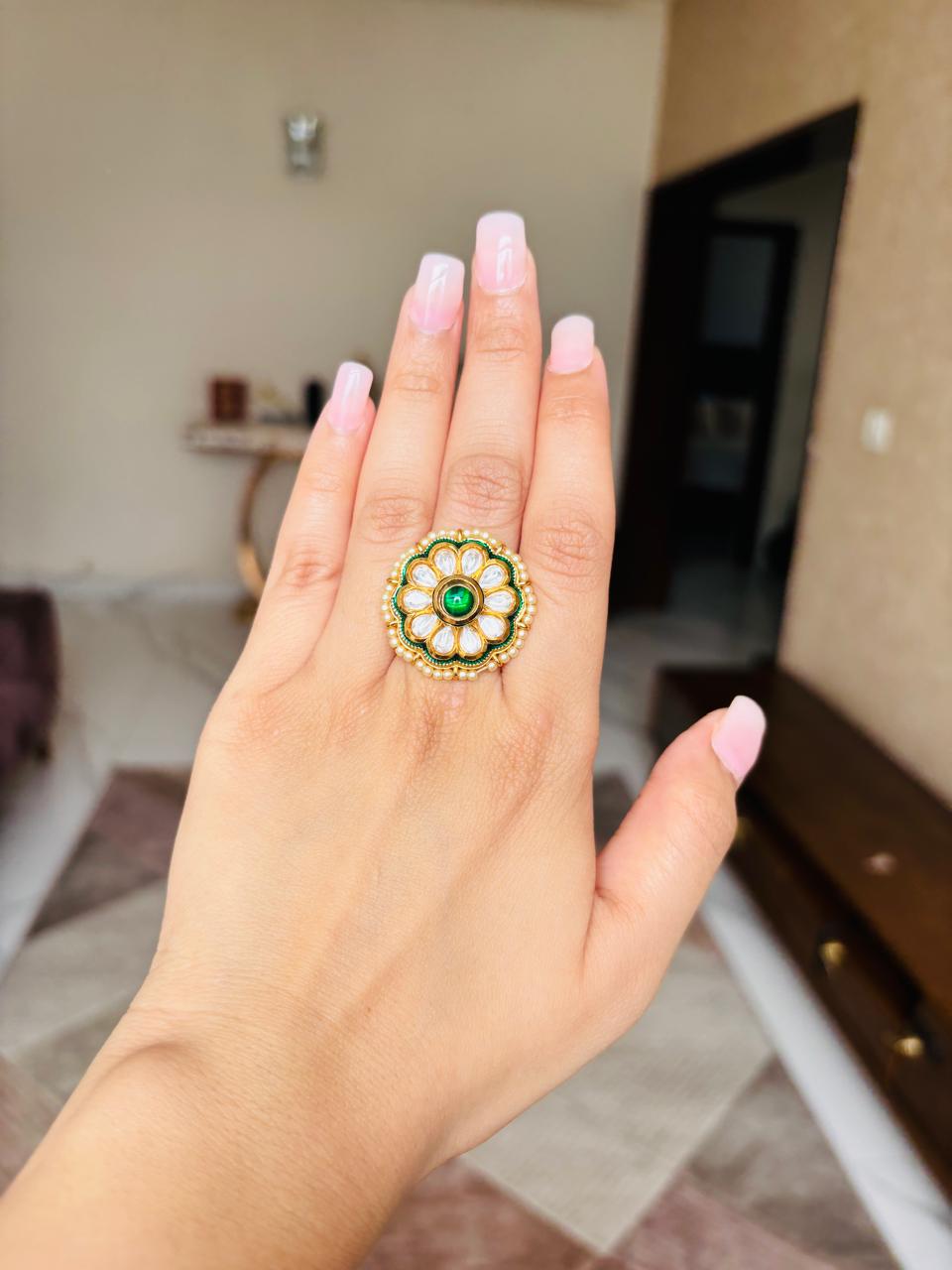 Polki Pearl Green Ring