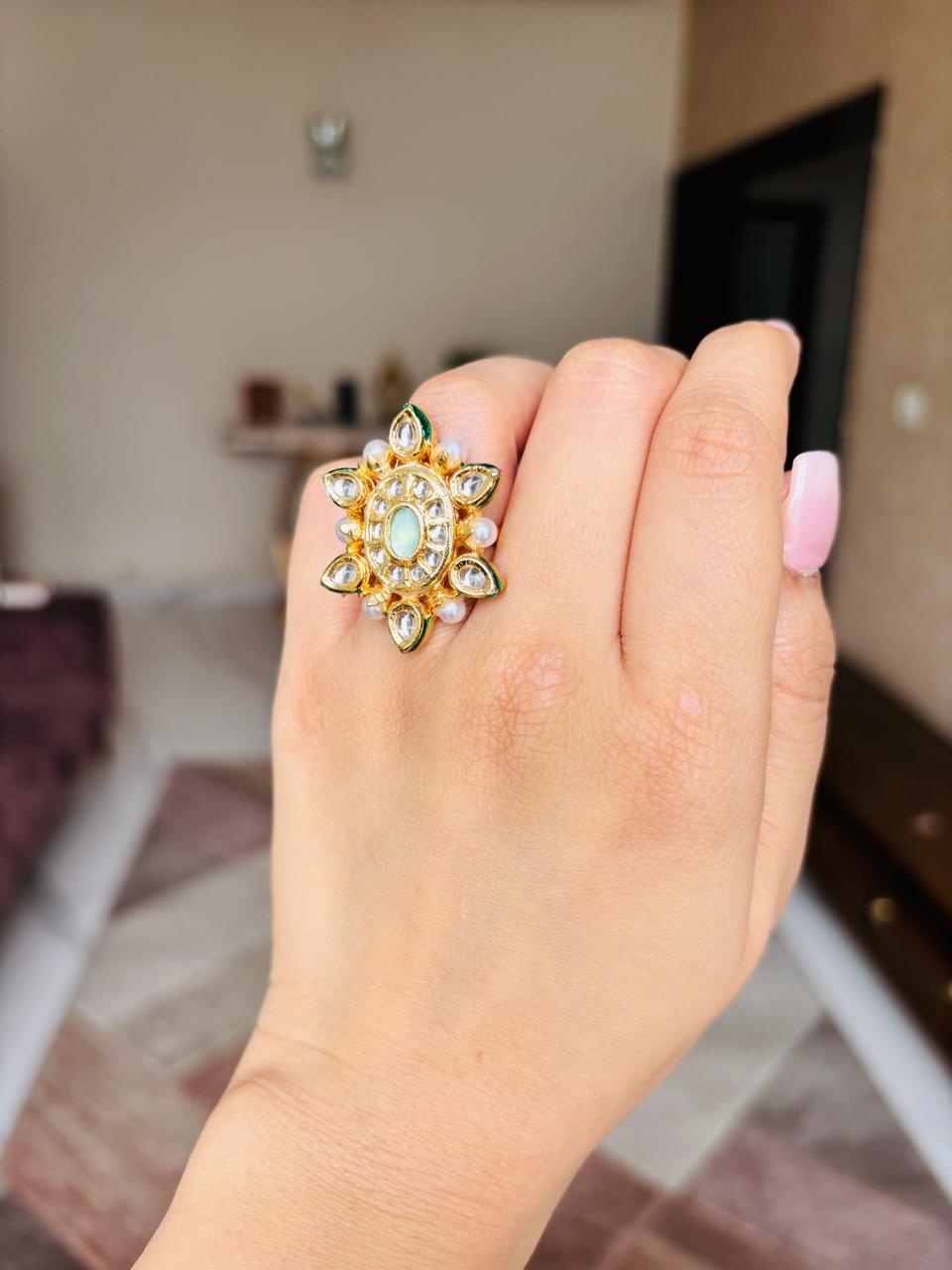 Mint Pearl Kundan Ring