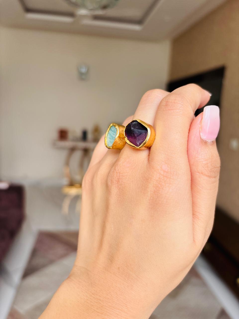 Green Purple Raw Stone Ring