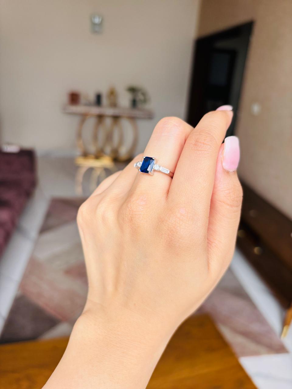 925 Silver Rectangular Blue Ring